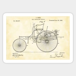 Benz 1888 self propelling vehicle, original patent drawing parchment background Sticker